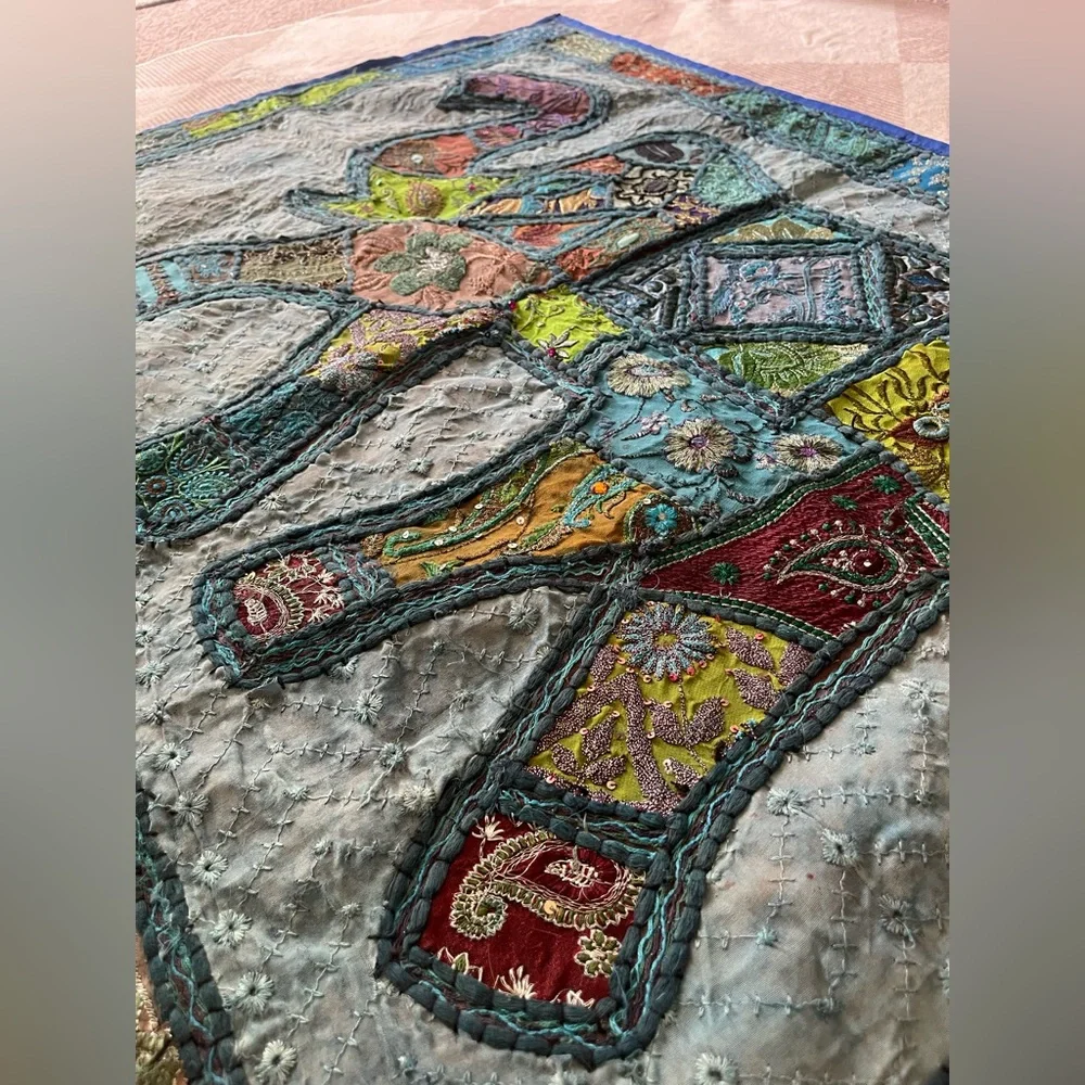 Vintage Handmade Elephant Patchwork Tapestry